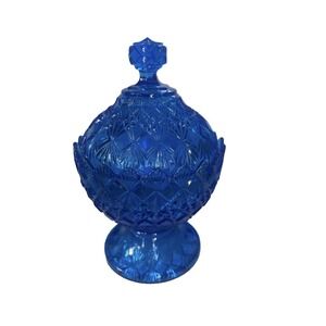 Vintage Fenton OVG Glass Blue Fine Cut  And Block Covered Candy Dish